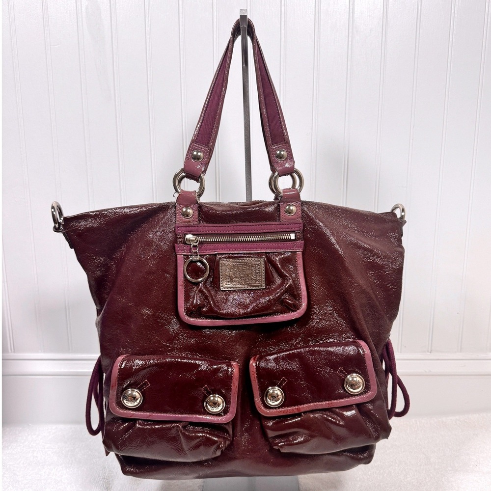 Coach Poppy Spotlight Pocket Hobo Bag Large Burgundy Purple Patent Leather 13869